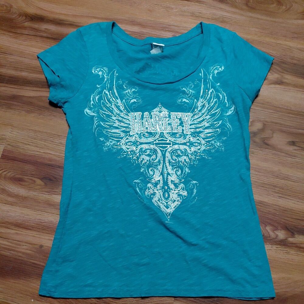 Harley-Davidson Shirt Womens Medium Teal Winged Cross Graphic Rhinestone Biker